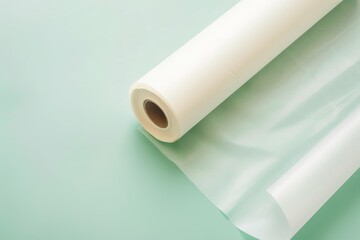 Top view of baking paper roll on light green background