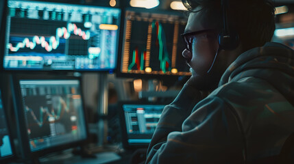 A focused trader closely follows financial news updates while monitoring stock market trends on screen.