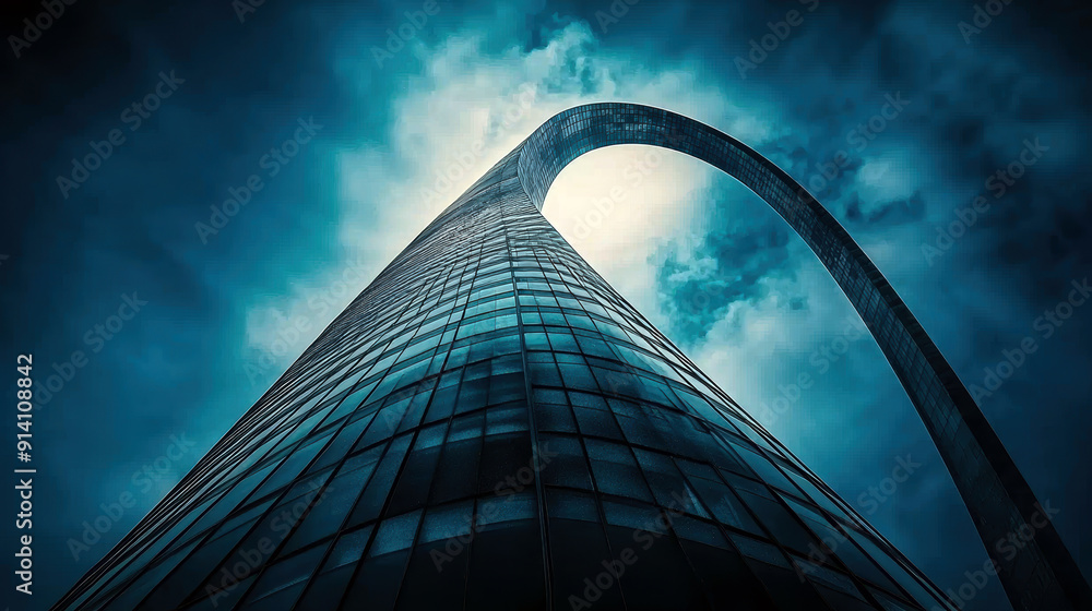 Poster a tall building with a large archway in the middle. the archway is blue and the sky is cloudy