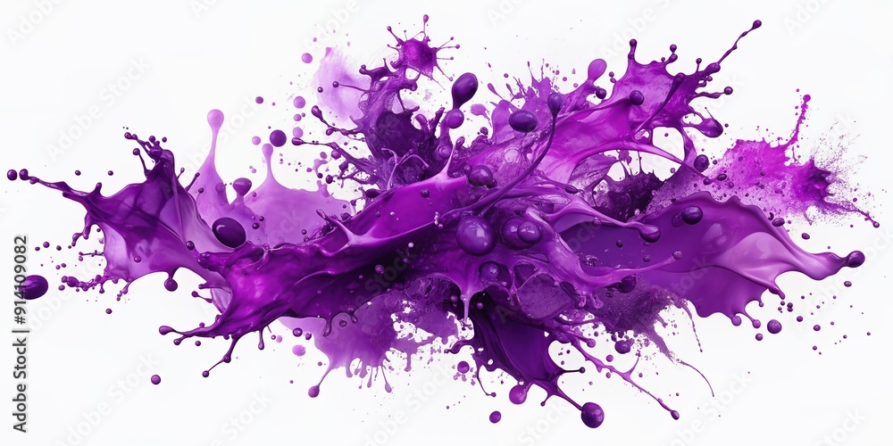 Poster vibrant purple ink splashes scattered randomly on a pure white background, creating a mesmerizing ab