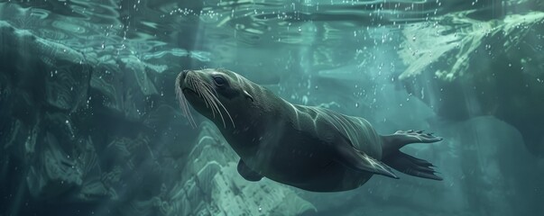 Playful sea lions diving underwater, 4K hyperrealistic photo