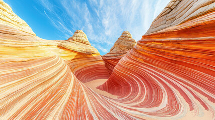 Unique Rock Formation with Swirling Patterns Resembling Ocean Waves under Clear Blue Sky, Stunning Geological Feature, Natural Rock Texture, Beautiful Swirled Patterns, High-Quality Landscape Image