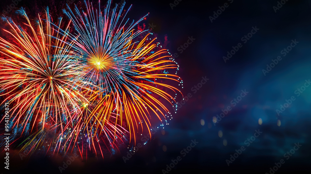 Poster a fireworks display with a blue background. the fireworks are in the foreground and are in the color
