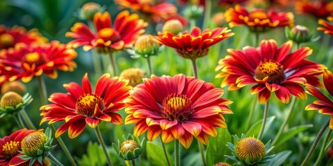 Fototapeta premium Vibrant red and yellow flowers blooming together in a lush green garden, surrounded by delicate leaves and stems, capturing the essence of summer's beauty.