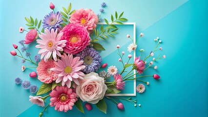 A floral poster for mother's day, flower design on pink and blue background with happy mother day typography text, congratulation mom template, generated by AI.