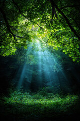 A forest with sunlight shining through the trees