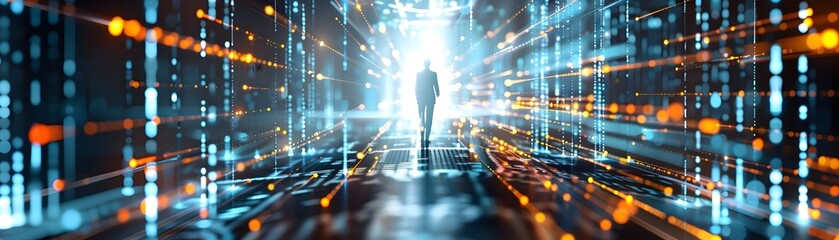Man Walking Through Digital Data Tunnel.