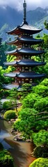 Fototapeta premium Traditional Japanese Pagoda in a Lush Garden.