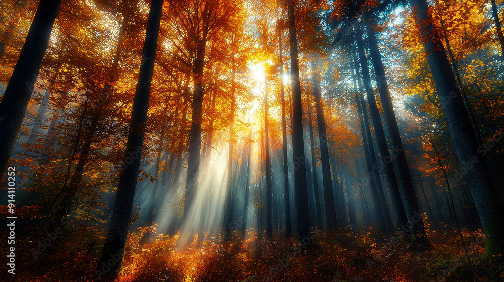 Poster a forest with trees in the foreground and background. the sun is shining through the trees, creating