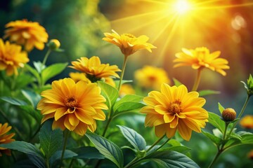 Vibrant yellow blooms surrounded by lush green leaves, swaying gently in the breeze, capturing the serenity and beauty of a sun-kissed botanical haven.