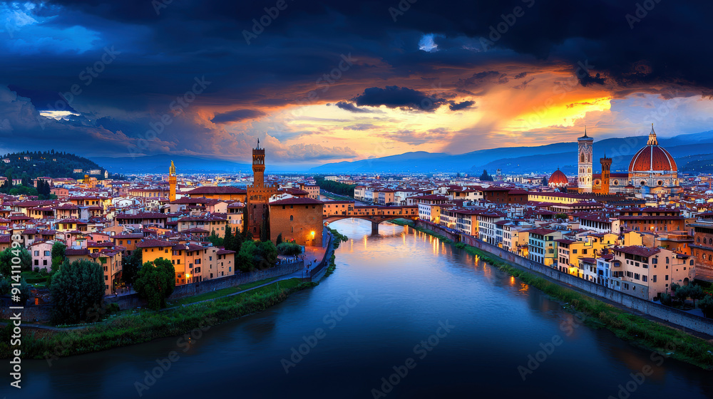 Poster a city with a river running through it and a bridge. the sky is cloudy and the sun is setting