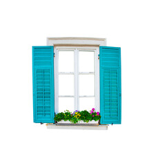 Open window with green wooden shutters, flowers on the window, isolate on white background 