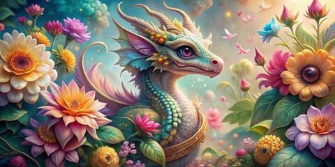 Obraz premium Adorable dragon surrounded by vibrant flowers and ornate decorations, set against a soft pastel background, with intricate details and delicate textures.