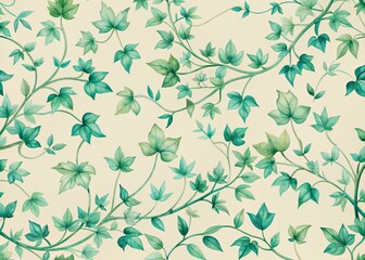 Fototapeta premium Delicate watercolor vines in soft jade green hues dance across a solid cream-colored background, creating a serene and calming botanical illustration.