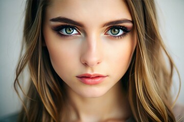 Naklejka premium Softly focused close-up portrait of a young adult female with stunning eyes and lush eyelashes gazing directly at the camera against a light backdrop.