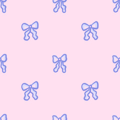 Seamless pattern of blue hand-drawn whimsical small ribbon bows on pink background. Cute repeating design. Vector illustration in coquette aesthetic. Perfect for textile, wrapping paper.