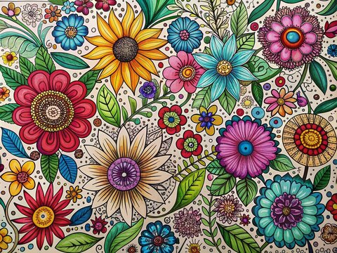 Delicate black outline flowers with vibrant colors and intricate doodle details fill the page in a whimsical and playful coloring book style illustration.