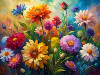 Fototapeta premium Vibrant oil paint illustration of blooming flowers in fluid abstract expressionism, exuding tender aesthetics and colorful inspiration, perfect for wall decoration and modern digital art.