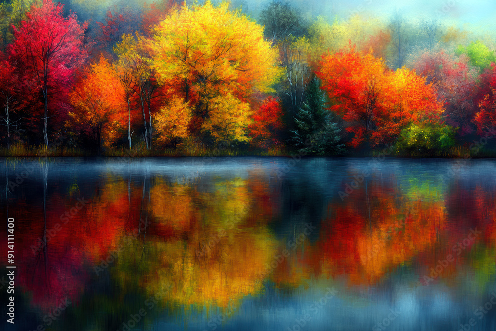 Aufkleber a painting of a forest with trees in autumn colors. the trees are reflected in the water, creating a