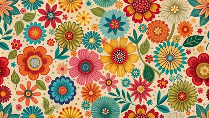 Vibrant flowers in various colors repeat in a seamless granny chic style pattern, set against a mid-century modern vector background, evoking a handmade, nostalgic feel.