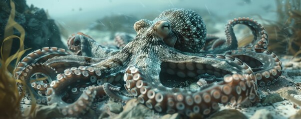 Mysterious octopus camouflaged on the ocean floor, 4K hyperrealistic photo