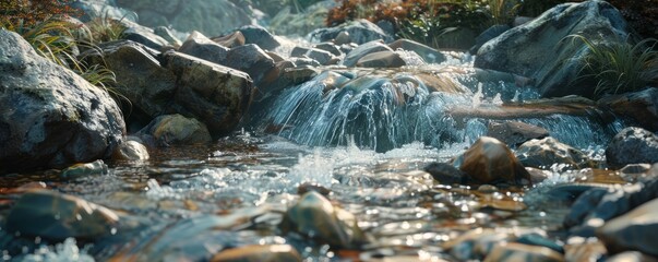 Fototapeta premium Mountain stream flowing over rocks, 4K hyperrealistic photo