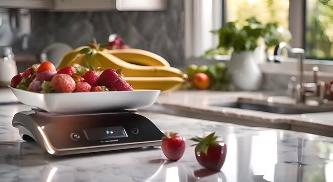 Digital scale with various fruits on modern kitchen table	
