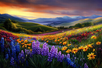 Obraz premium A painting of a field of flowers with a mountain in the background. The painting has a serene and peaceful mood, with the bright colors of the flowers and the calmness of the landscape
