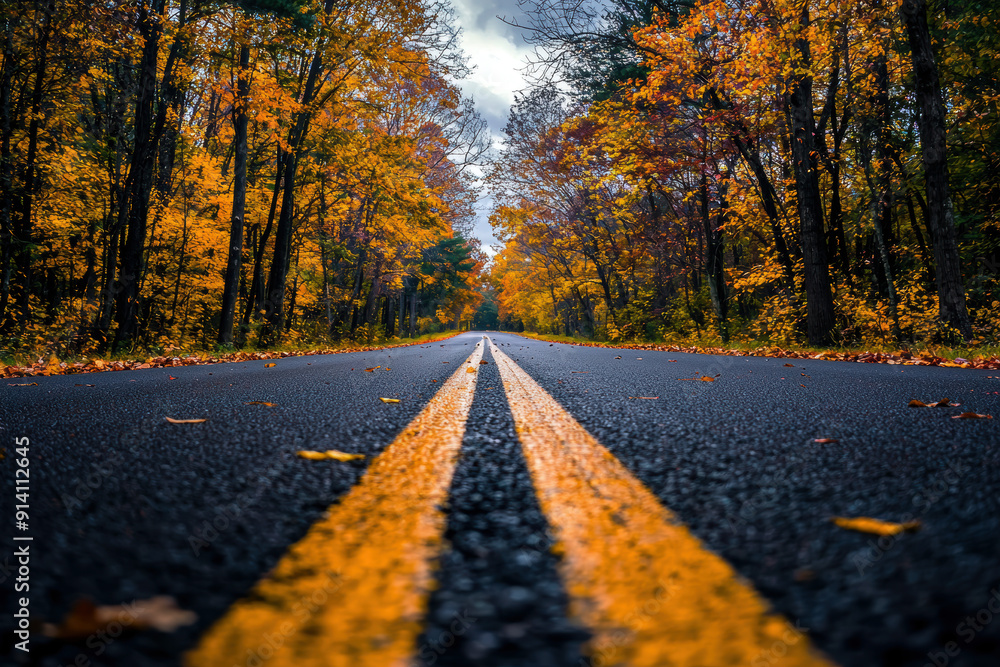 Wall mural A road with yellow lines and leaves on the ground