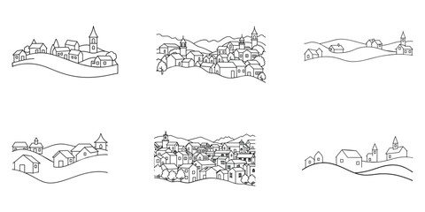 Village Line Art: Elegant Vector Illustrations of Countryside Scenes
