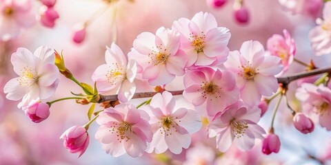 Delicate pink cherry blossom flowers bloom against a clean white background, their soft petals and slender stems exuding gentle elegance and serene beauty in nature.