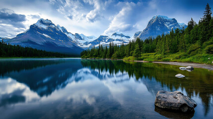 Fototapeta premium A beautiful mountain lake with a large rock in the middle. The reflection of the mountains in the water creates a serene and peaceful atmosphere