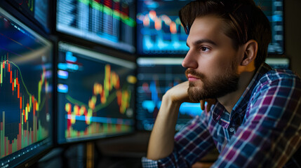 Trader analyzing stock price trends over time using historical data to predict future market movements.