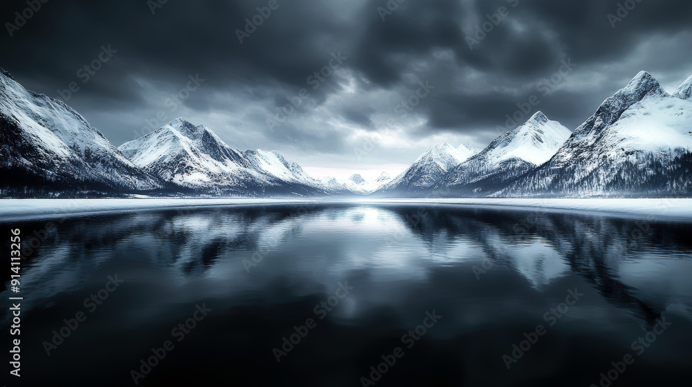 Wall mural A mountain range is reflected in a body of water. The sky is dark and cloudy, creating a moody atmosphere