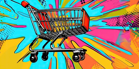 Shopping cart against colorful background.