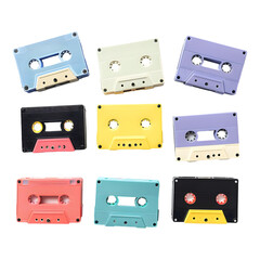 Fototapeta premium Different colored recordable music cassettes on transparent background