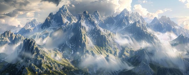 Majestic mountain range with a cloudy sky, 4K hyperrealistic photo