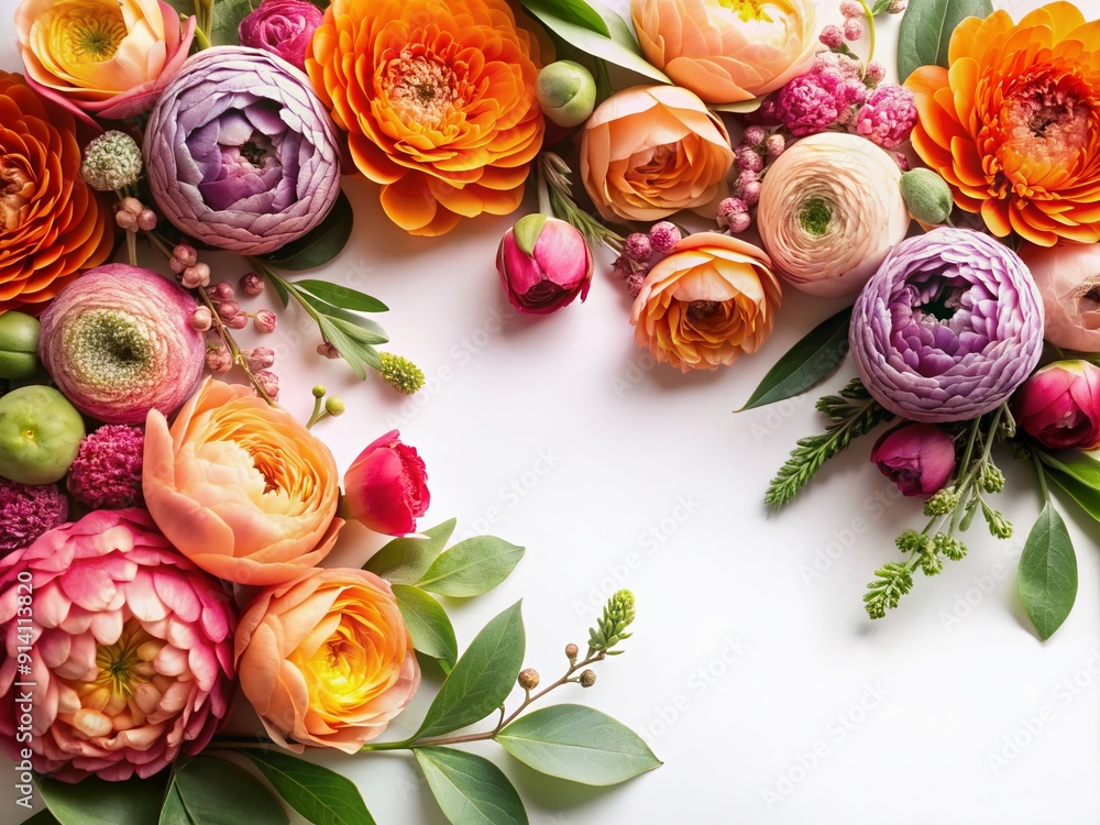 Sticker Vibrant floral border of pink and orange ranunculus, fragrant hyacinth, and fresh eucalyptus leaves on a crisp white background, captured from a top view perspective.