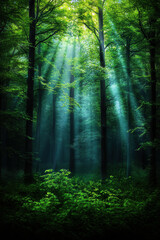 Obraz premium A forest with sunlight shining through the trees