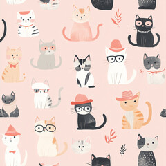 The photo illustration of seamless pattern cats on the colorful background