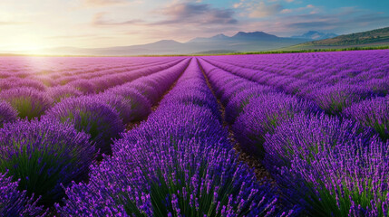 Obraz premium A field of lavender flowers with a bright sun shining on them. The field is vast and stretches out for miles. Scene is peaceful and serene, as the sun's rays illuminate the purple flowers