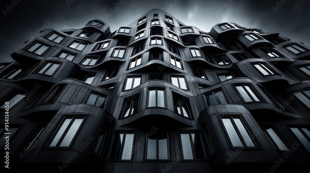 Aufkleber a tall building with many windows and a dark color