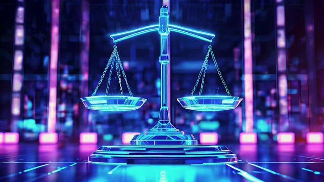 A neon-lit digital scale of justice symbolizes the intersection of technology and law in contemporary society