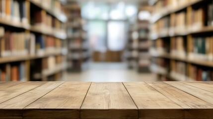 A wooden table in a library foreground, with blurred bookshelves creating a serene and intellectual atmosphere in the background.