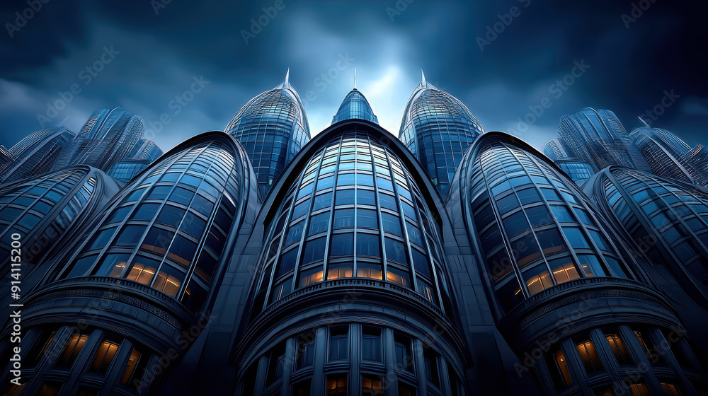 Poster a tall building with many windows, giving it a modern and sleek appearance. the sky above the buildi
