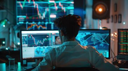 Trader sits at computer, using automated algorithm to make trades on stock market.