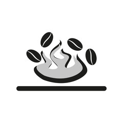 Steaming coffee cup icon. Coffee beans floating. Black and white vector.