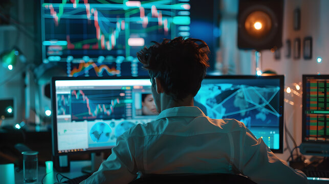 Trader sits at computer, using automated algorithm to make trades on stock market.