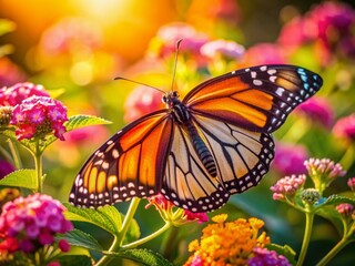 Fototapeta premium Vibrant monarch butterfly perches on a cluster of bright pink lantana flowers, basking in warm sunlight on a serene and tranquil summer afternoon backdrop.