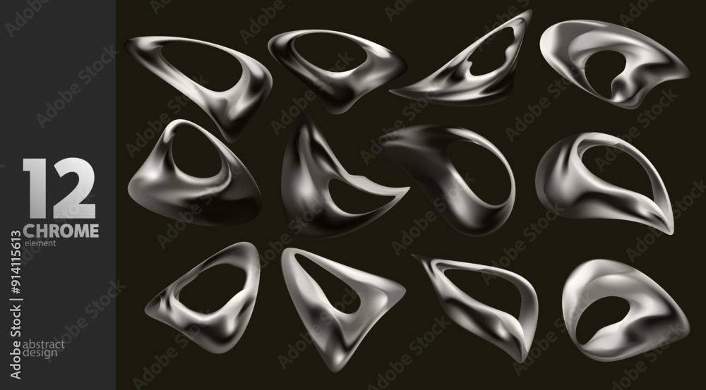 Poster set of chrome fluid shapes and forms. collection of monochrome vector design elements.